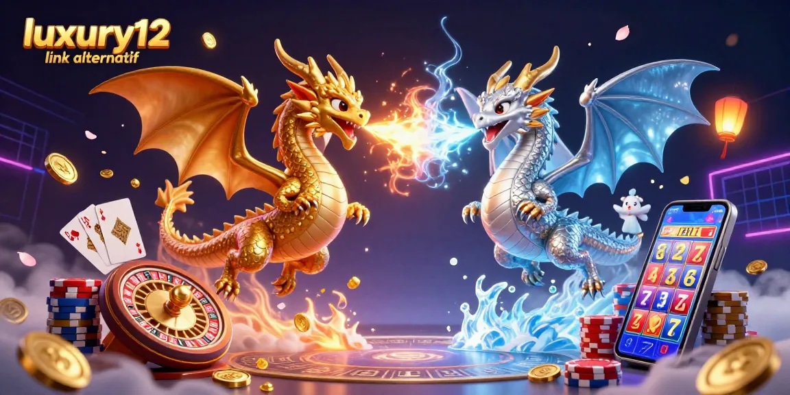 Engage with luxury12 link alternatif through this dynamic casino scene featuring dragons and iconic game elements.