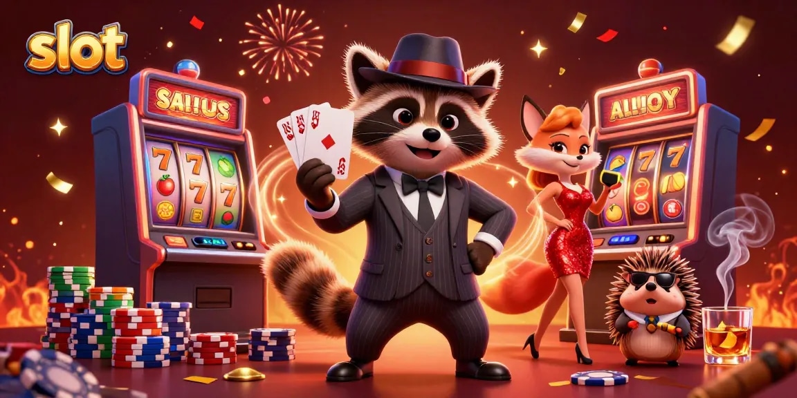 Spin the slot reels with raccoon and fox in a vibrant casino scene.