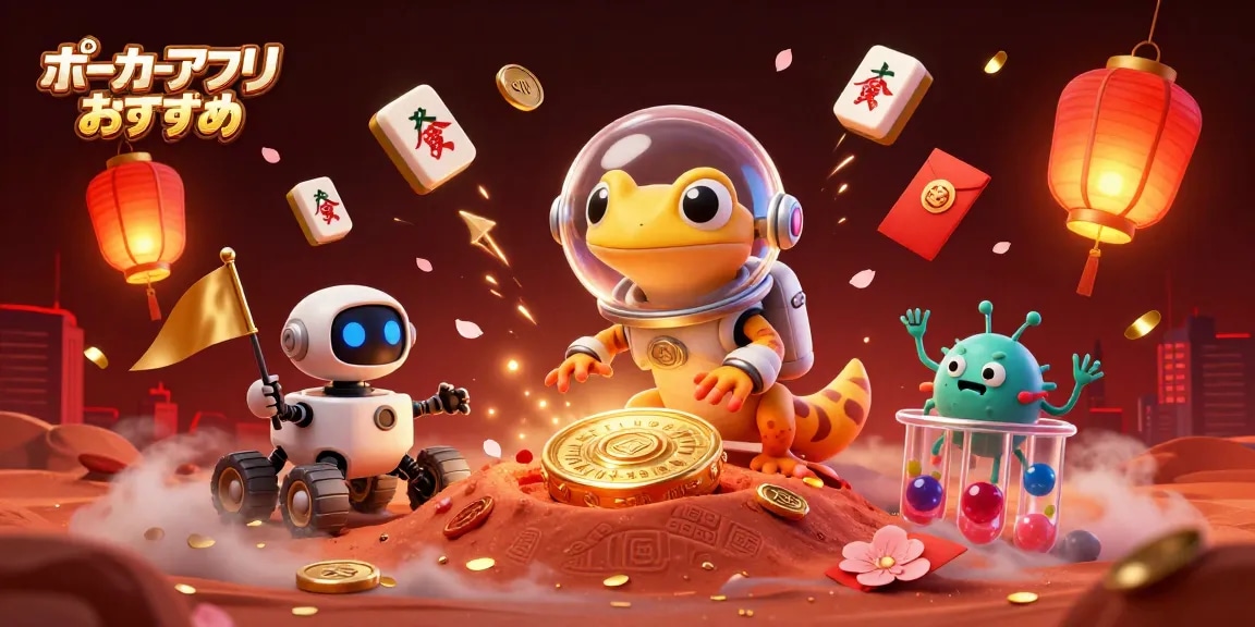 ポーカーアプリおすすめを楽しむために、活発な宇宙キャラクターたちが集う賑やかなシーン。