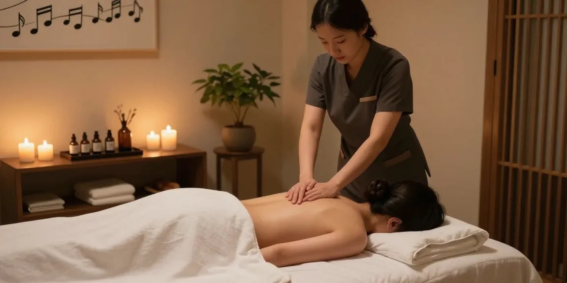 Relaxing 서울출장안마 in serene spa room with candles and plants.