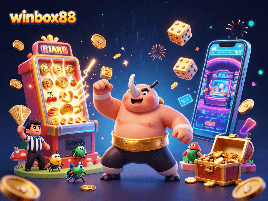 Experience exciting wins with winbox88, as the sumo beetle champion celebrates with golden coins and vibrant casino elements.