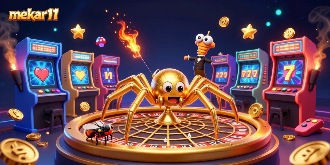 Experience the excitement of mekar11 with a golden spider spinning a roulette wheel, enhancing your gaming adventure.