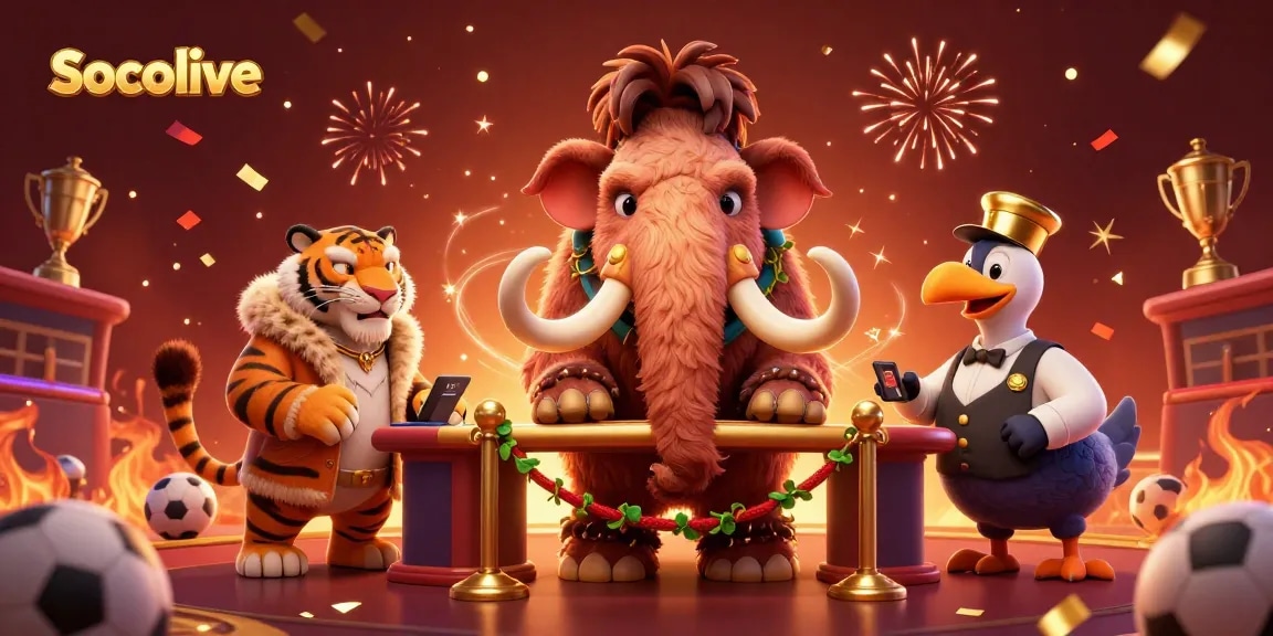 Socolive showcases a dynamic casino scene with a woolly mammoth bouncer, celebrating with sports betting elements.