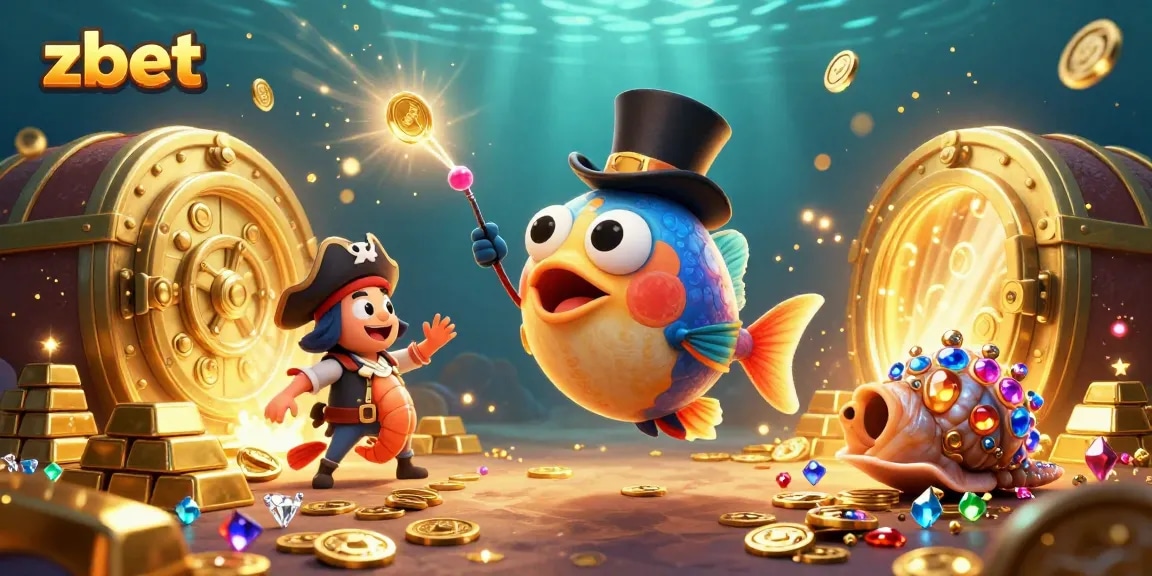 Zbet attracts players with vibrant treasures, showcasing an anglerfish, pirate shrimp, and gem snail in a casino setting.