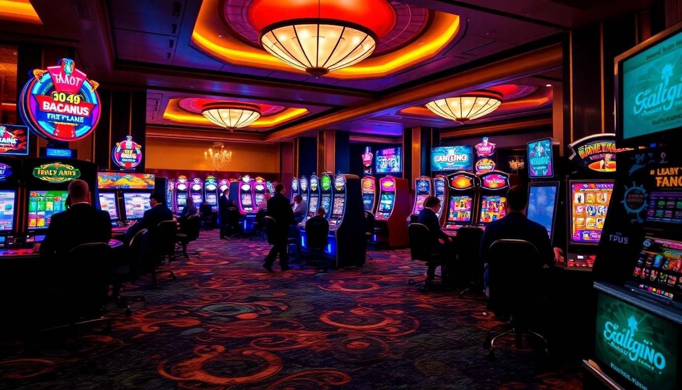 Engaging view of an exciting Non Uk Casino 2025 gaming floor with vibrant slot machines.