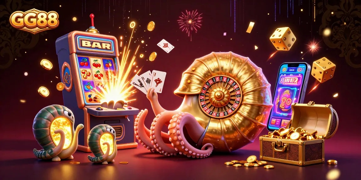 Engage in thrilling casino gameplay with GG88, featuring a dynamic scene of a nautilus roulette wheel and jackpot slot machine.