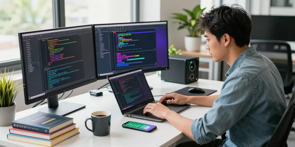 Developer coding in a modern workspace while exploring WhatsApp下載 for enhanced productivity.