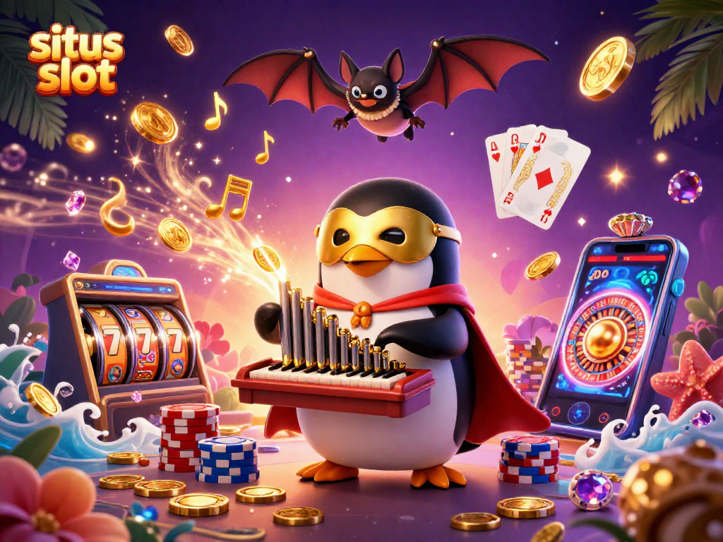 Menang di situs slot dengan penguin opera phantasmagoric bermain organ yang menyemburkan koin emas.
