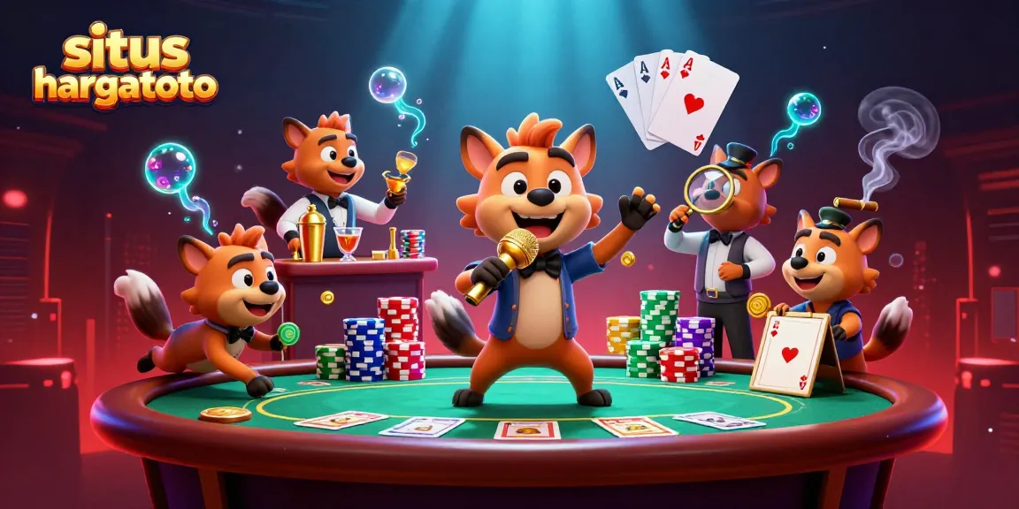 Situs hargatoto showcases hyenas in a vibrant casino scene with poker elements and a lively atmosphere.