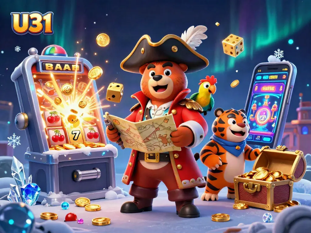 Experience the thrills of U31 casino with a vibrant 3D illustration showcasing exciting slots and treasures.