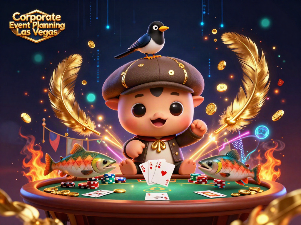 Engage in Corporate Event Planning Las Vegas with an exciting poker theme featuring animated characters and dynamic casino elements.