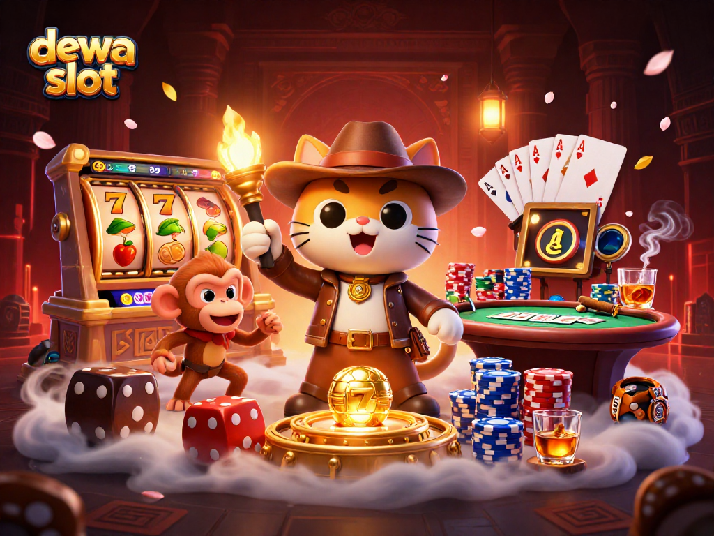 Menyaksikan dewa slot, kucing arkeolog kartun menemukan artefak kasino emas dengan rekan monyet di tengah suasana tematik yang kaya.