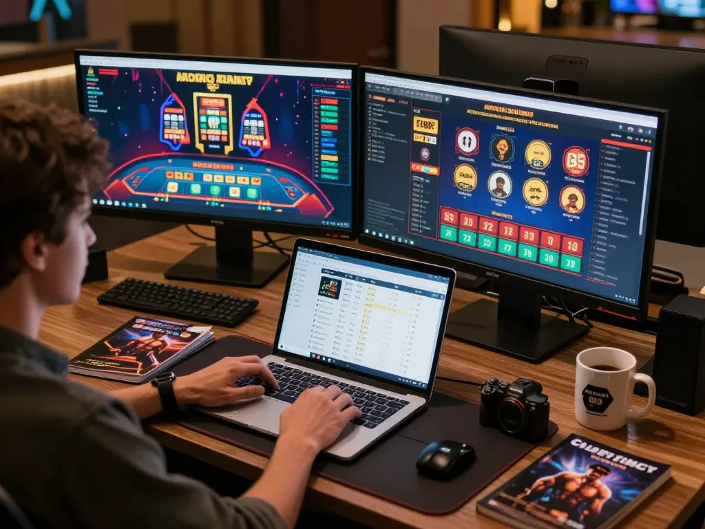 Person engaged in online gambling with 92slot interface displayed on multiple screens, showcasing strategy and excitement.