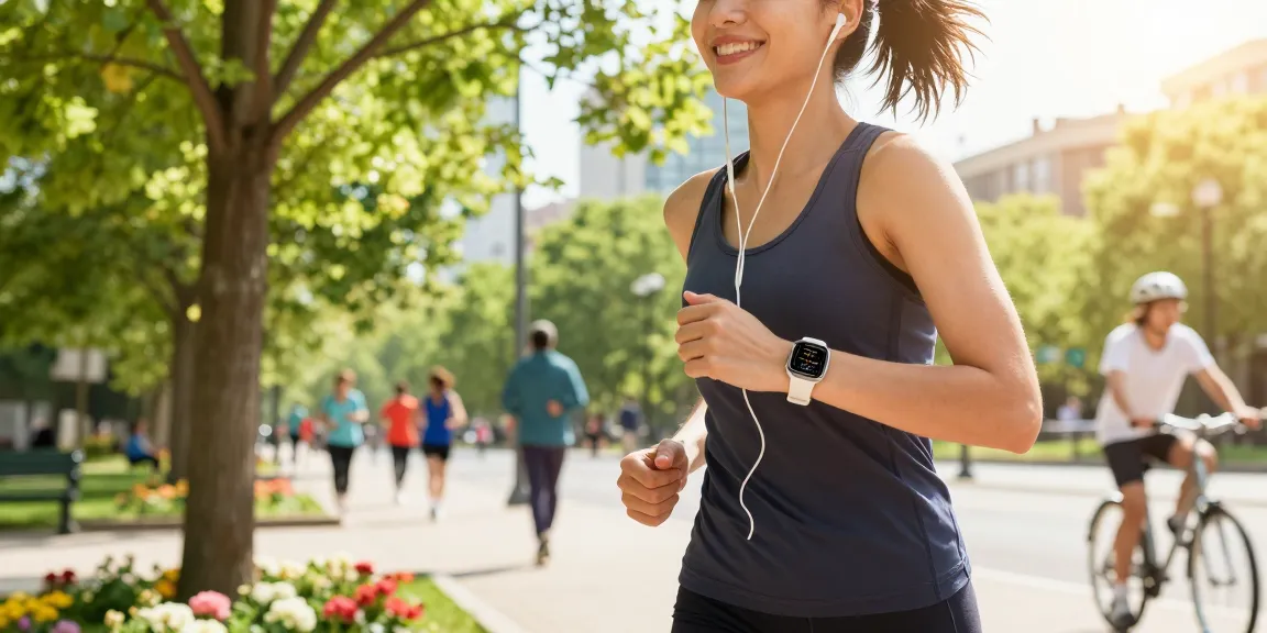 Pengguna Fitbit Luxe dari https://www.polarfitbitshop.com/fitbit-luxe/ berlari di taman urban yang cerah, menunjukkan gaya hidup sehat.