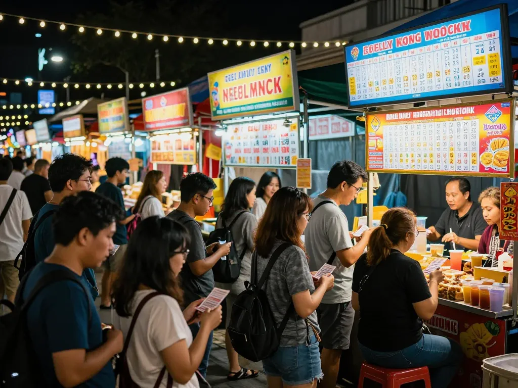 Excited crowd checking Togel Hongkong lottery results at a vibrant outdoor market.