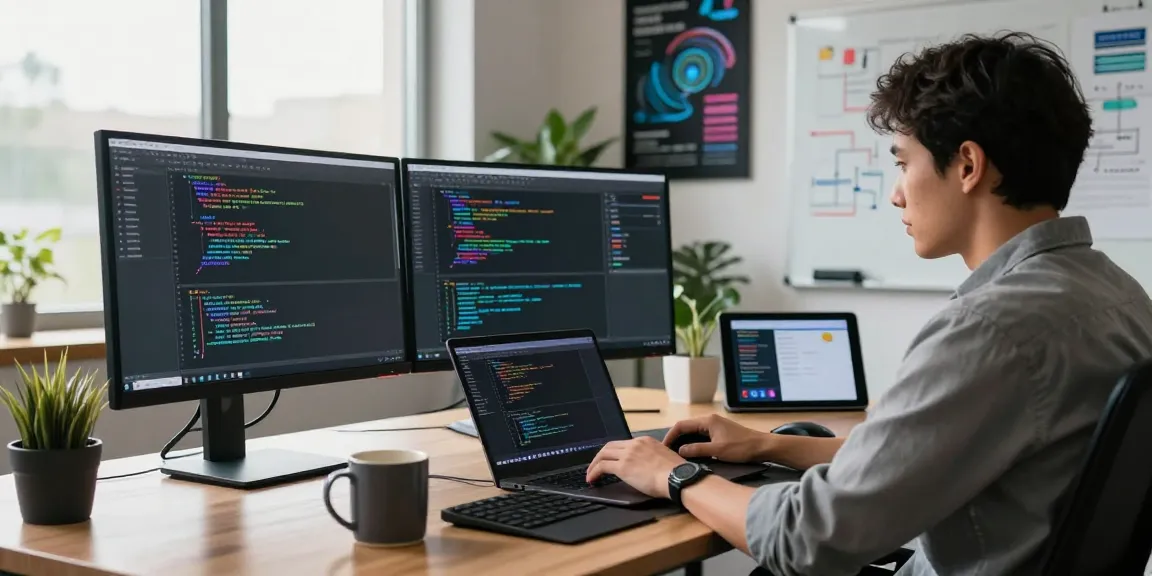 Developer coding in a modern workspace, showcasing vibrant screens and tech elements, encouraging readers to read more here.