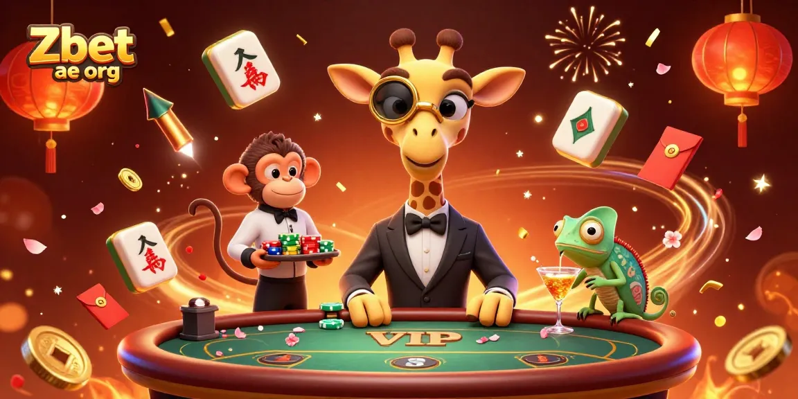 Zbet ae org features high-roller giraffe and friends celebrating at a poker table, highlighting casino excitement.