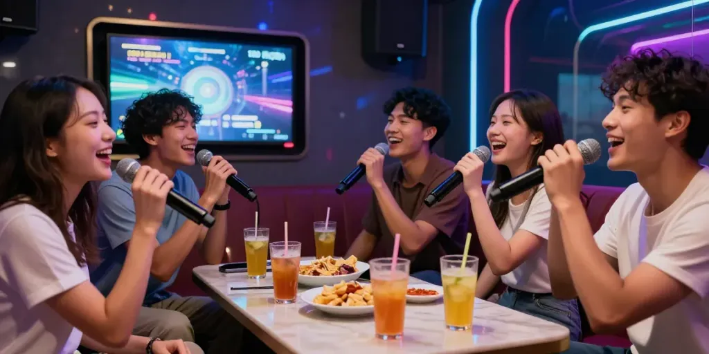도파민 가라오케에서 다양한 친구들이 함께 노래를 부르며 즐거운 시간을 보내는 장면