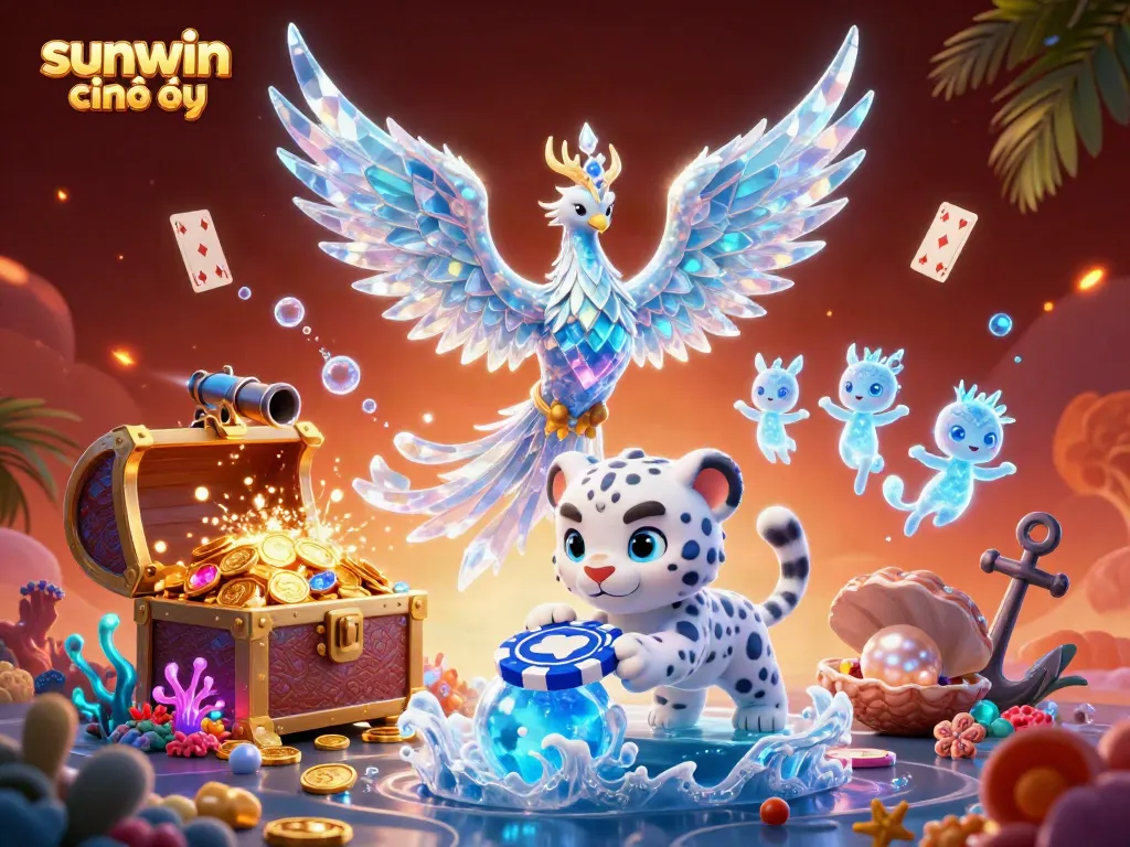 Experience the thrill of sunwin chính thức with dynamic 3D visuals featuring an ice phoenix, poker chip, and magical sprites.