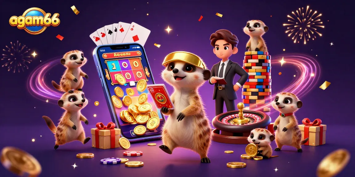 Play exciting slot games at AGAM66 as meerkats run a vibrant casino, showcasing chips and colorful action.