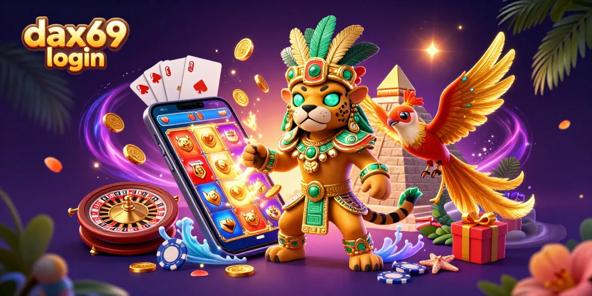 Gambarlah kasino dengan dax69 login yang menunjukkan penawaran slot menarik dan karakter Maya.