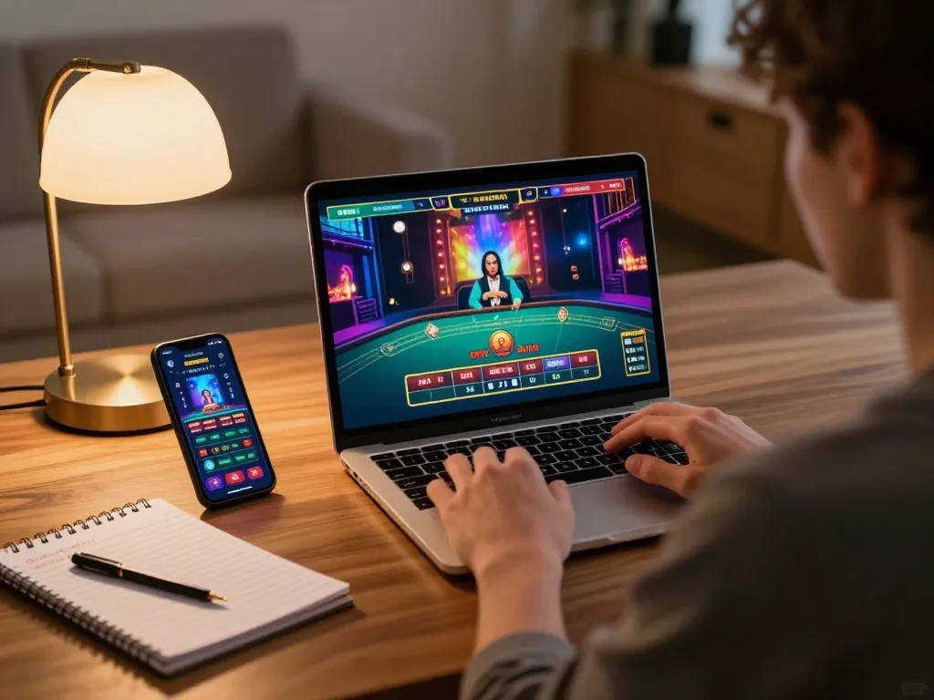 Engage with kim99 com in a cozy online gaming setup with vibrant graphics and strategic notes.