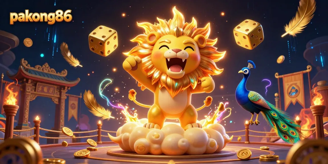 Experience pakong86's thrilling casino vibes with a sun lion amidst golden dice and vibrant casino elements