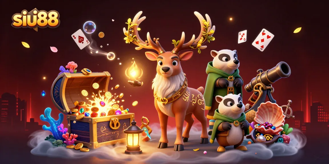 Join siu88 in an exciting dynamic scene featuring cartoon characters amidst a treasure-filled casino adventure.