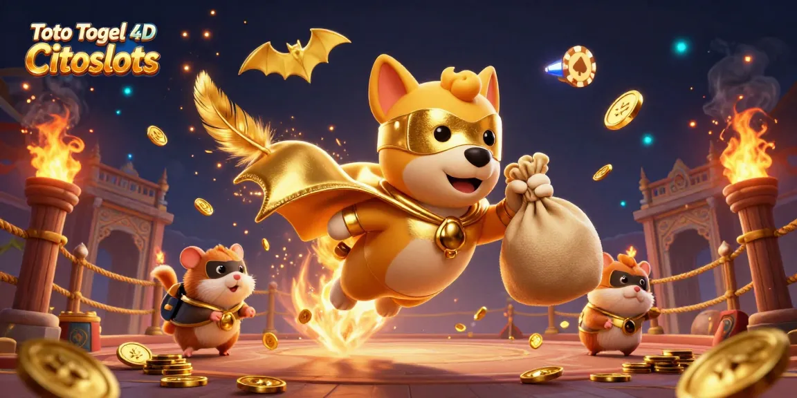 Bet on Toto Togel 4D Citislots with superhero dog and hamster in dynamic casino scene with gold coins.