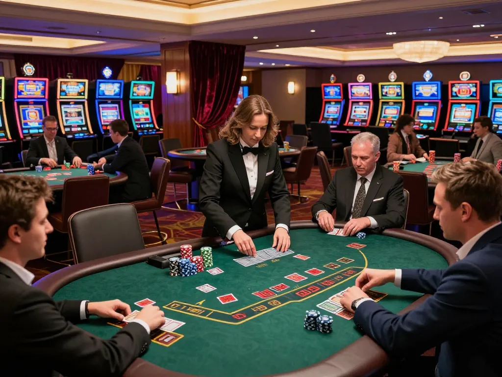 Players strategizing at a blackjack table in a luxurious casino while discussing tx88 betting techniques
