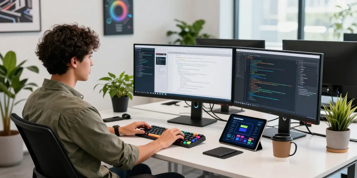 Developer coding with NAGA2000 software at a modern tech workspace.