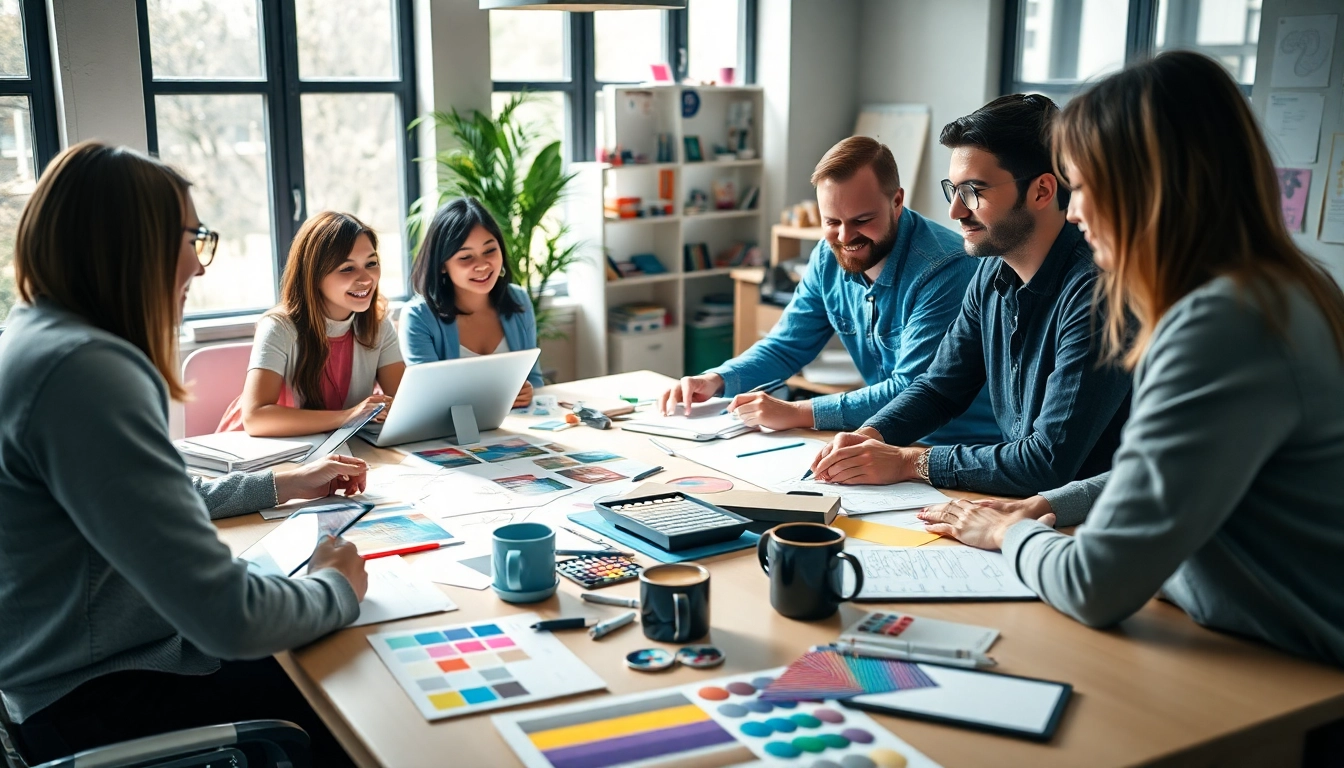 Graphic designers creating innovative concepts at https://bestdesignersintheworld.com/ in a vibrant workspace.