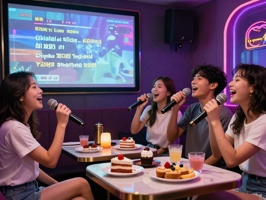 강남 디저트 가라오케에서 친구들과 즐거운 시간을 보내며 노래 부르는 모습