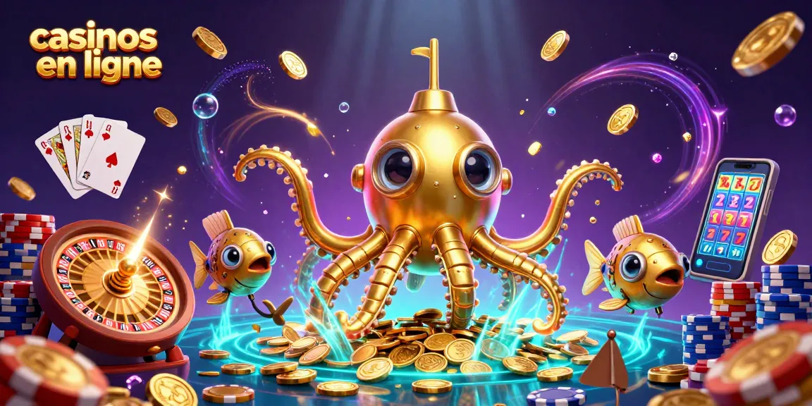 Profitez des casinos en ligne avec une illustration d'un kraken sous-marin doré émergeant des pièces d'or.