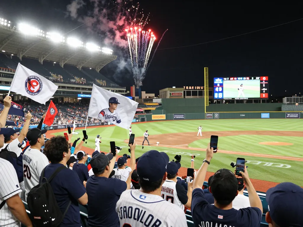 野球の試合中に大谷翔平 応援を熱心に祝うファンたちが、スリリングな雰囲気を捉えています。
