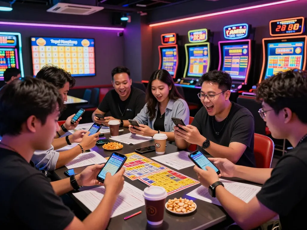 Togel Hongkong players excitedly analyzing results in a vibrant gaming lounge with mobile devices and Lucky Number cards.