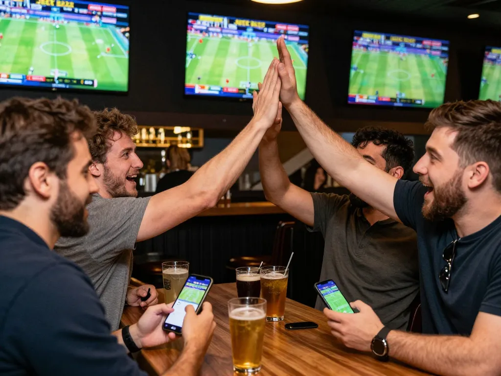 Patrons engaging in sports betting on the Jeetbuzz app in an energetic sports bar setting