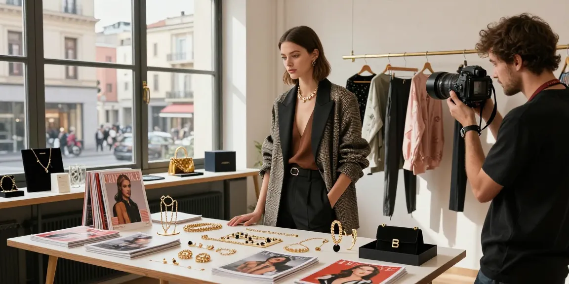 Studio photographique à Milan : photographe professionnel à Milan capturant un modèle en mode avec des bijoux scintillants, lumineux et élégant.
