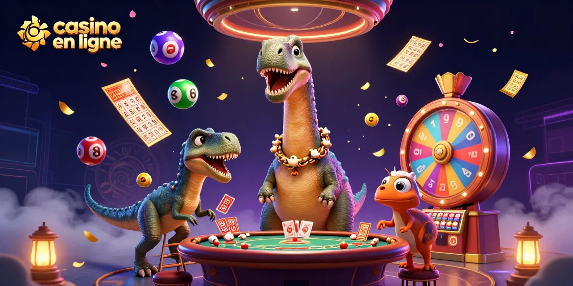 Illustration dynamique d'un brontosaurus au casino en ligne, dealer des cartes et loterie colorée.