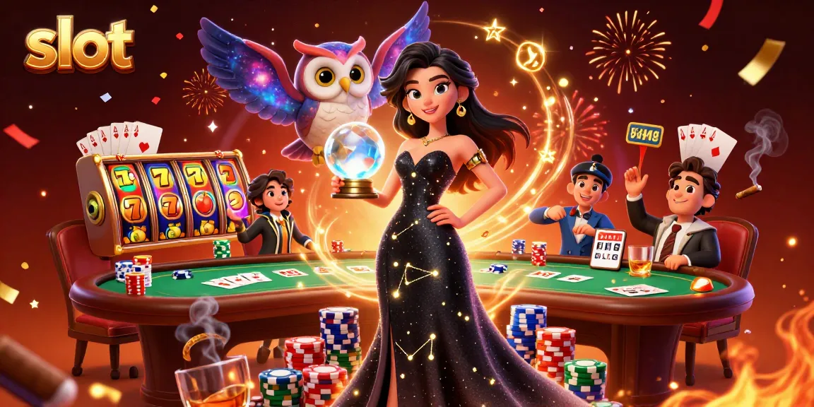 Spin slot reels with a 3D woman in a starry gown and an owl, celebrating casino wins.