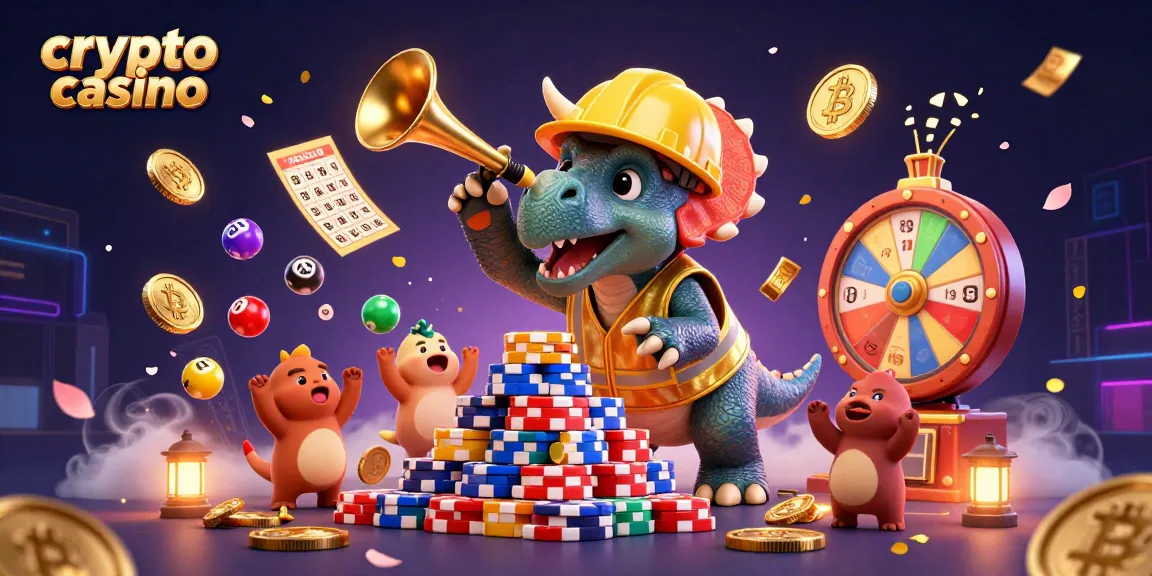Célébrez les big wins dans un crypto casino avec un triceratops et un parasaurolophus parmi des billets et des jetons.