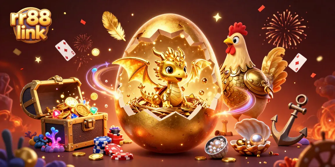 Win big with rr88 link in a vibrant, dynamic casino-themed illustration showcasing a golden dragon and poker chips.