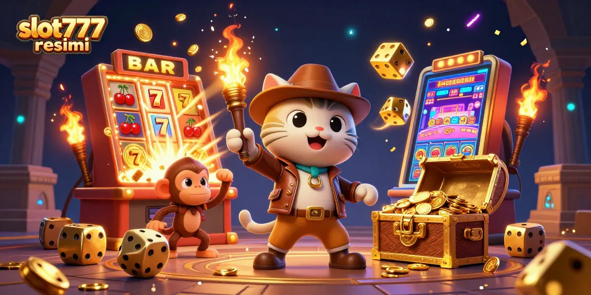 Experience the thrill of slot777 resmi with cartoon adventurers and dynamic casino elements celebrating jackpot wins.