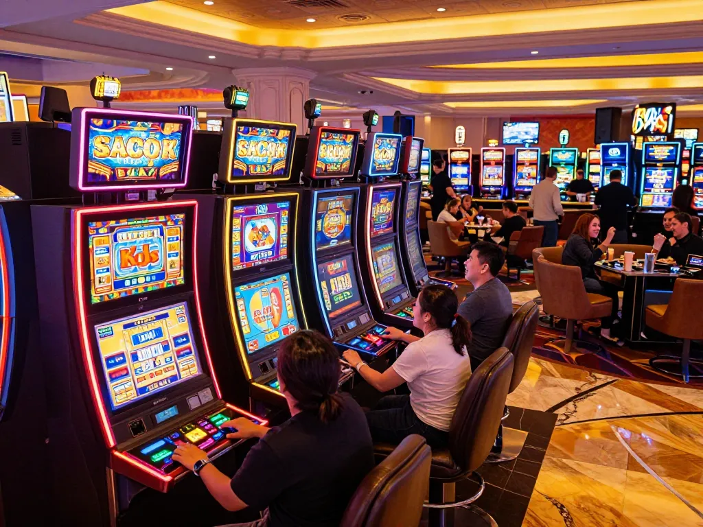 Experience the thrill of slot gacor games on a lively casino floor filled with excited players.