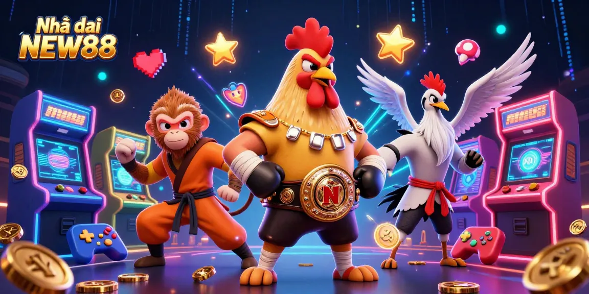 Experience thrilling action at Nhà cái NEW88 with vibrant characters and casino elements in this dynamic illustration.