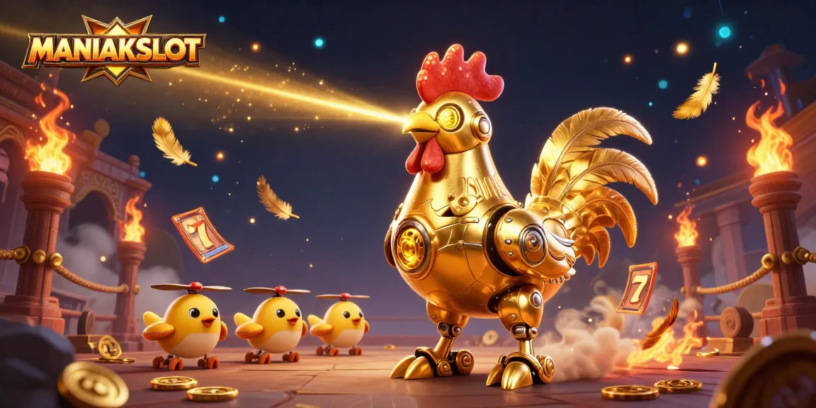 Experience the thrill of MANIAKSLOT with a golden rooster robot and baby chick drones in a vivid gaming scene.