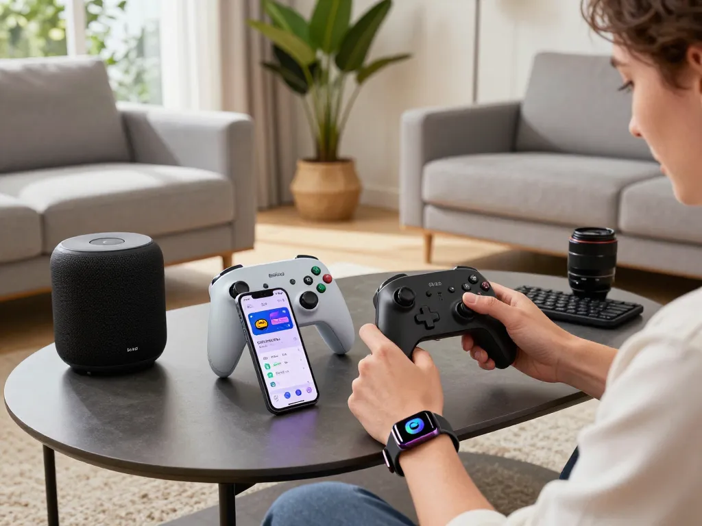 Discover the latest tech gadgets 2052 showcased in a modern living room with gadgets like a futuristic controller and Fitbit Charge 6.