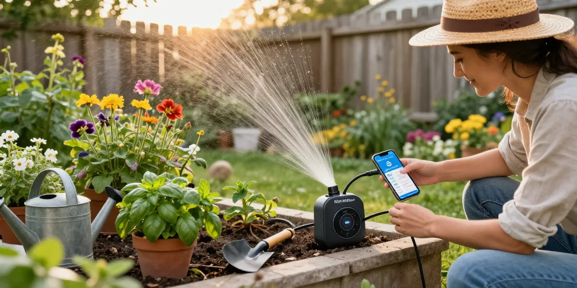 Setting up a RainPoint sprinkler timer in a flourishing home garden with vibrant plants and warm sunlight.