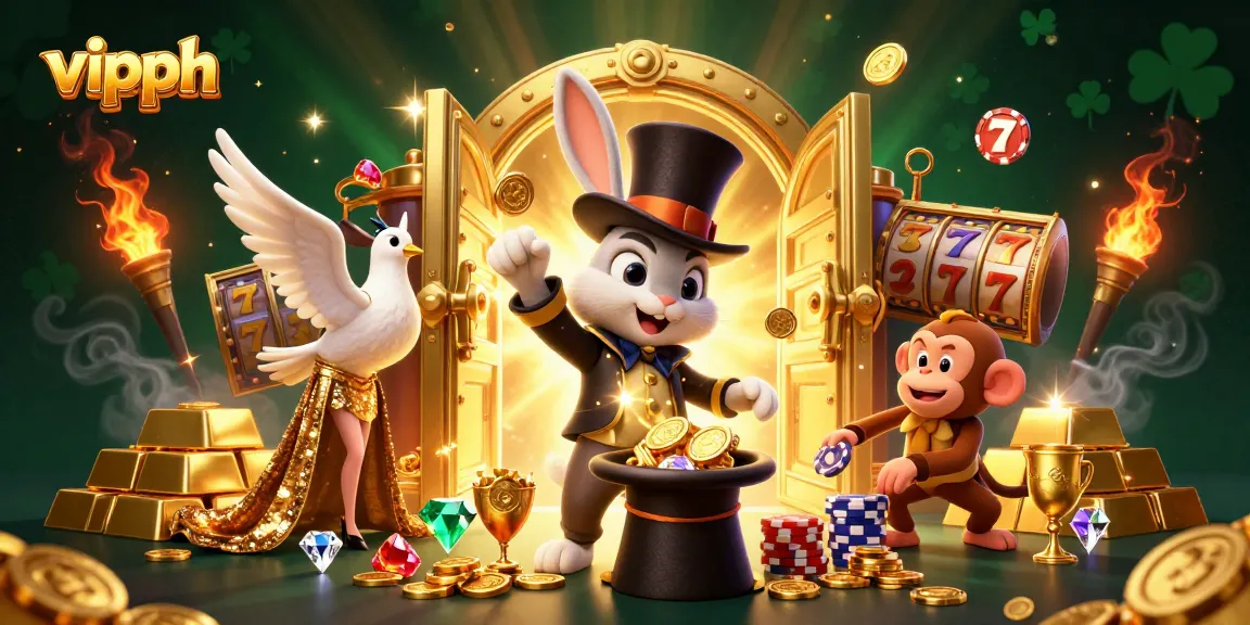 Win big with vipph at a vibrant online casino featuring a magician rabbit, monkey, and dove.