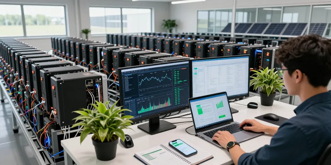 green energy cloud mining setup with renewable sources operating cryptocurrency hardware, showcasing digital wallets and blockchain innovation